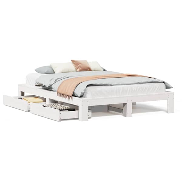 Sahtlitega voodiraam, valge, 150 × 200 cm, männipuit — mudel 3308997