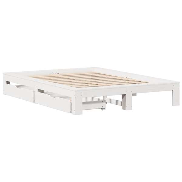 Sahtlitega voodiraam, valge, 150 × 200 cm, männipuit — mudel 3308997