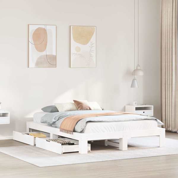 Sahtlitega voodiraam, valge, 150 × 200 cm, männipuit — mudel 3308997