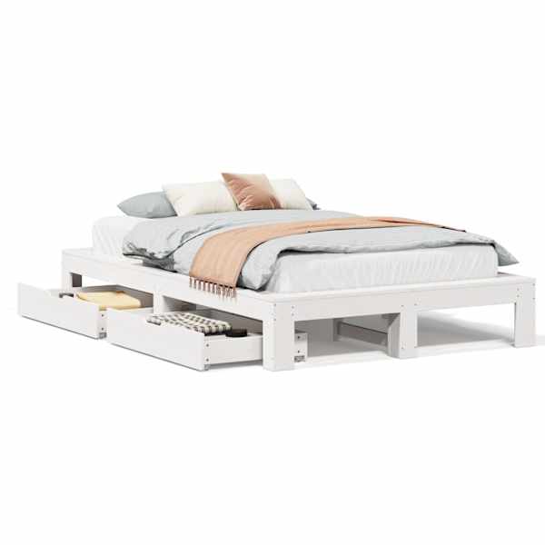 Sahtlitega voodiraam, valge, 120 × 200 cm, männipuit — mudel 3309003