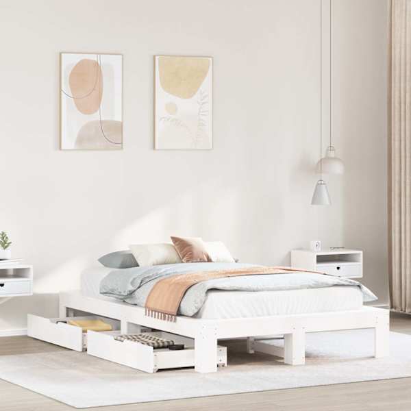 Sahtlitega voodiraam, valge, 120 × 200 cm, männipuit — mudel 3309003