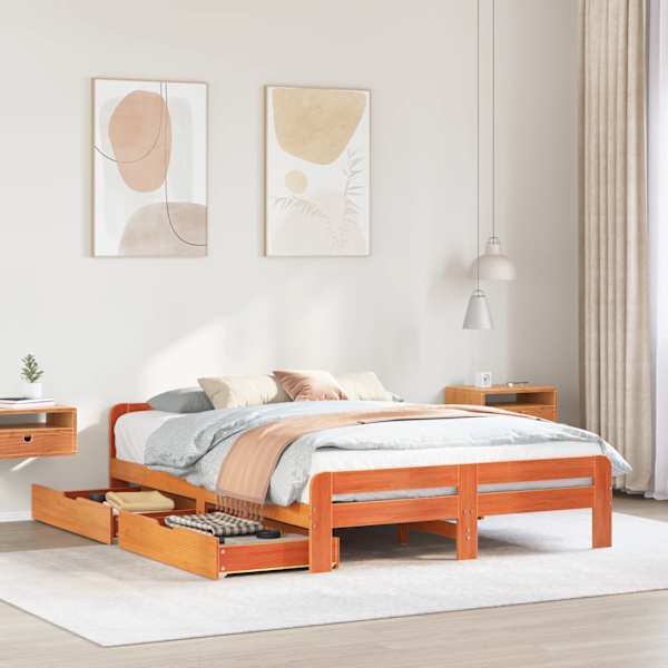 Sahtlitega voodiraam, vahapruun, 160 × 200 cm, männipuit — mudel 3309034