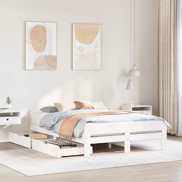 Sahtlitega voodiraam, valge, 140 × 190 cm, männipuit — mudel 3309051