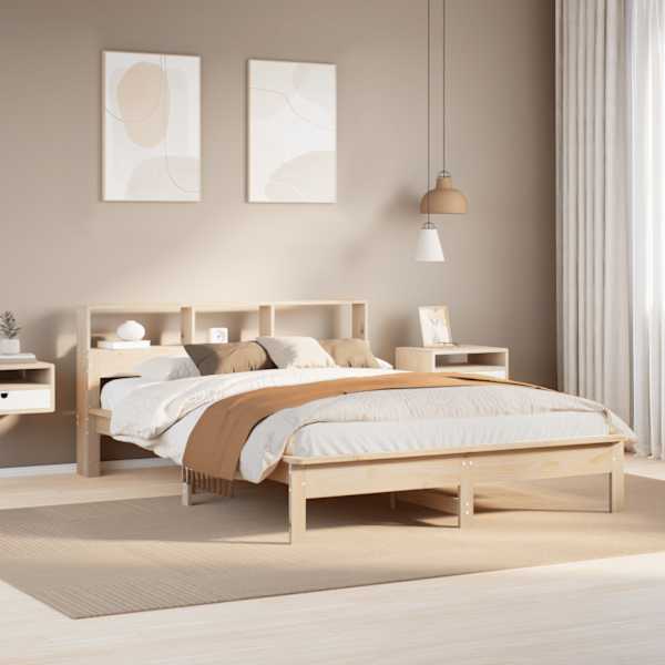 Voodiraam riiuliga, naturaalne, 120 × 200 cm, männipuit — mudel 855714