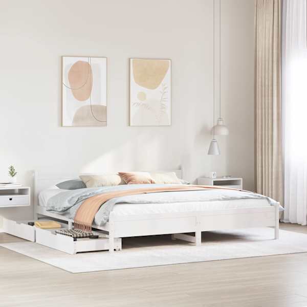 Sahtlitega voodiraam, valge, 200 × 200 cm, männipuit — mudel 3309759