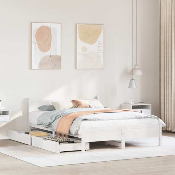 Sahtlitega voodiraam, valge, 150 × 200 cm, männipuit — mudel 3309768