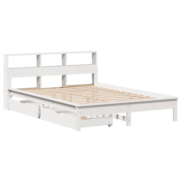Sahtlitega voodiraam riiuliga, valge, 160 × 200 cm, männipuit — mudel 3309804