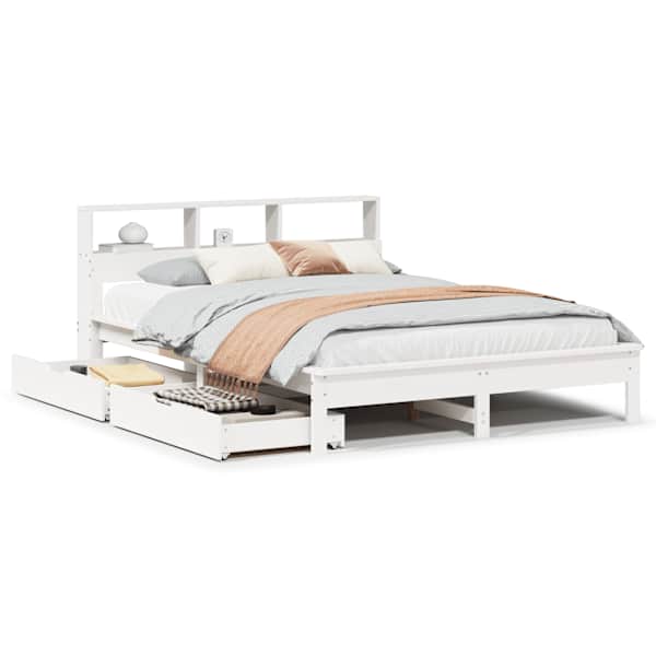 Sahtlitega voodiraam riiuliga, valge, 150 × 200 cm, männipuit — mudel 3309807