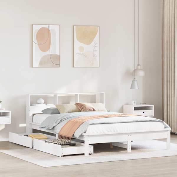 Sahtlitega voodiraam riiuliga, valge, 150 × 200 cm, männipuit — mudel 3309807