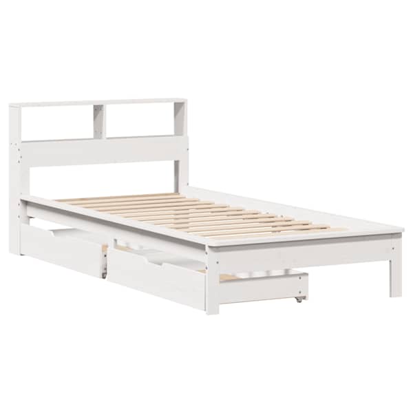 Sahtlitega voodiraam riiuliga, valge, 90 × 200 cm, männipuit — mudel 3309819