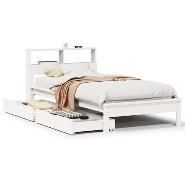 Sahtlitega voodiraam riiuliga, valge, 90 × 190 cm, männipuit — mudel 3309831
