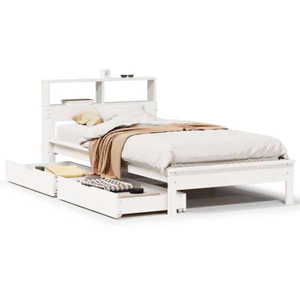 Sahtlitega voodiraam riiuliga, valge, 75 × 190 cm, männipuit — mudel 3309834