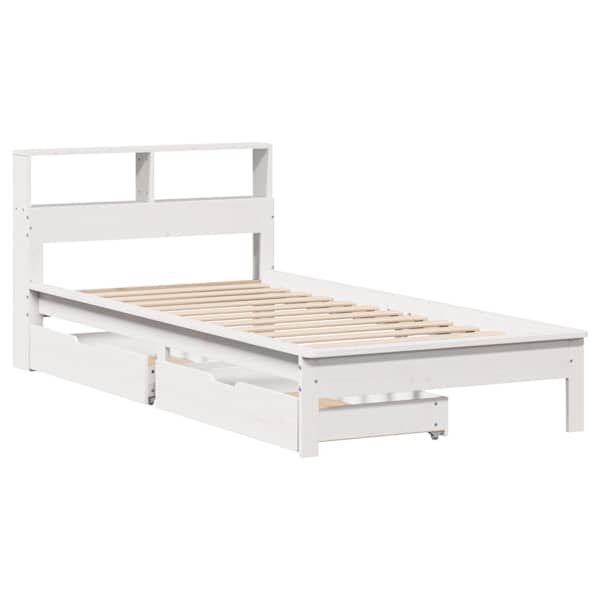 Sahtlitega voodiraam riiuliga, valge, 75 × 190 cm, männipuit — mudel 3309834