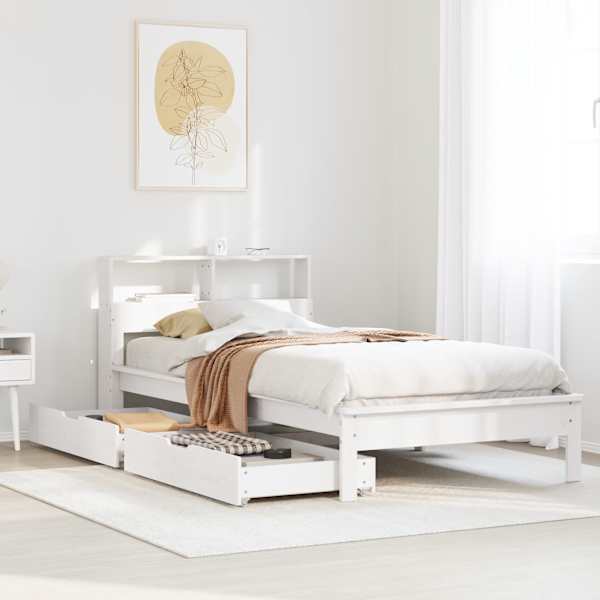 Sahtlitega voodiraam riiuliga, valge, 75 × 190 cm, männipuit — mudel 3309834