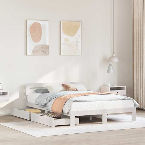 Sahtlitega voodiraam, valge, 160 × 200 cm, männipuit — mudel 3309852