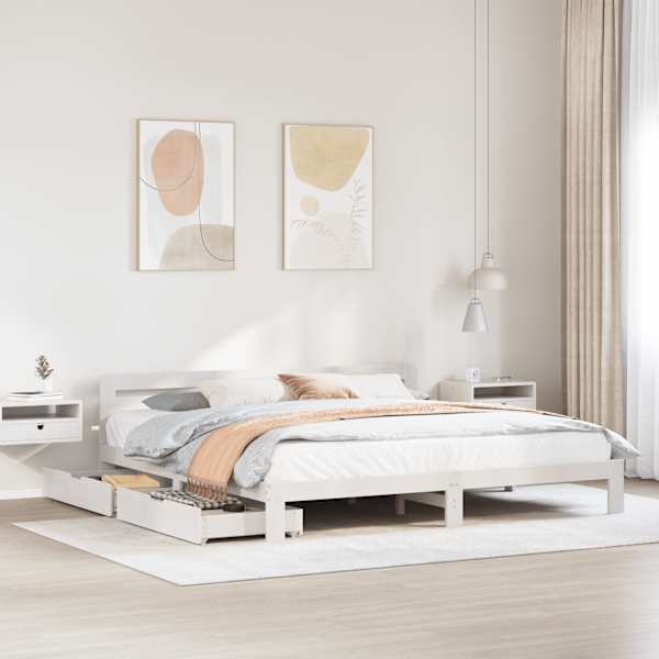 Sahtlitega voodiraam, valge, 200 × 200 cm, männipuit — mudel 3309858
