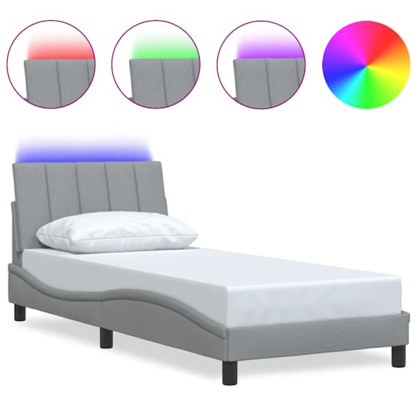 LED-valgustusega voodiraam, helehall, 90 × 190 cm, kangas — mudel 3310426