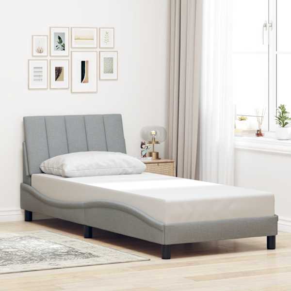 LED-valgustusega voodiraam, helehall, 90 × 190 cm, kangas — mudel 3310426