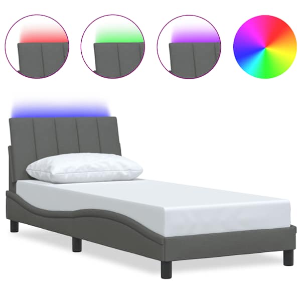 LED-valgustusega voodiraam, tumehall, 90 × 190 cm, kangas — mudel 3310427