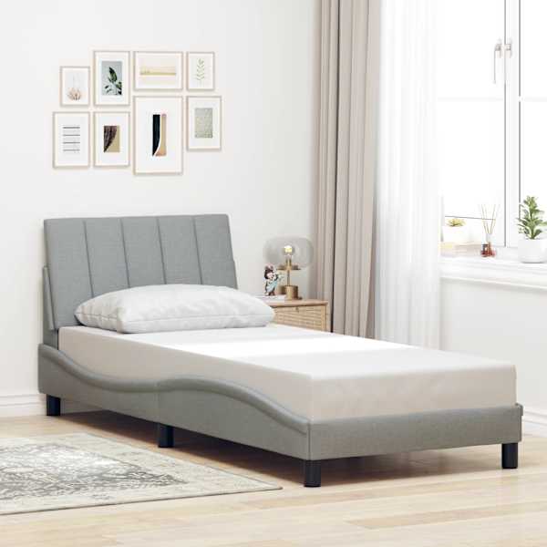 LED-valgustusega voodiraam, helehall, 90 × 200 cm, kangas — mudel 3310433