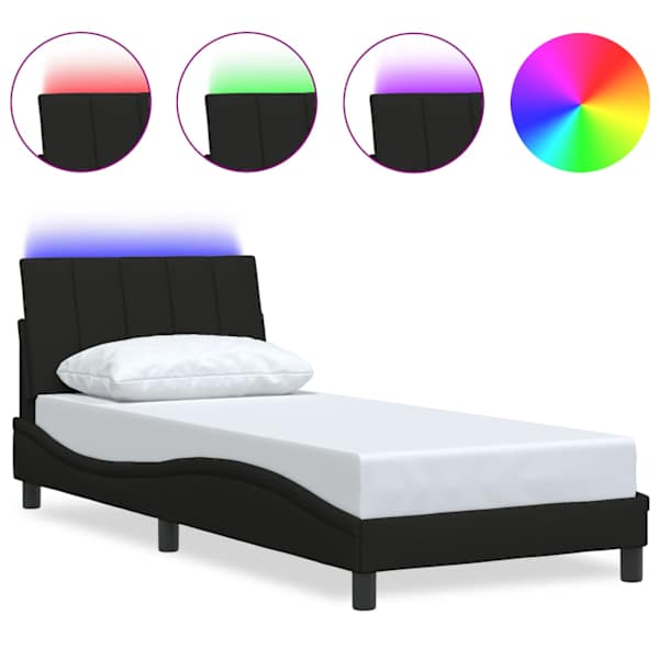 LED-valgustusega voodiraam, must, 90 × 200 cm, kangas — mudel 3310435