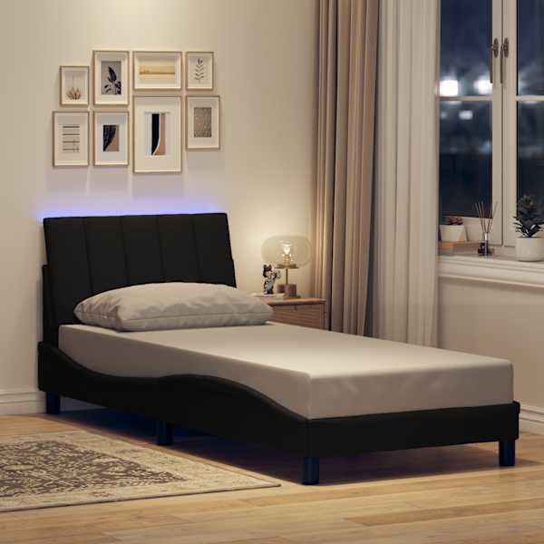 LED-valgustusega voodiraam, must, 90 × 200 cm, kangas — mudel 3310435