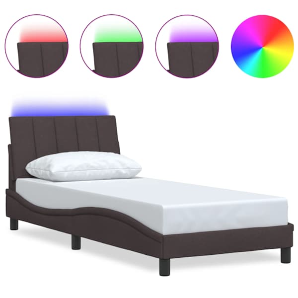 LED-valgustusega voodiraam, tumepruun, 90 × 200 cm, kangas — mudel 3310436
