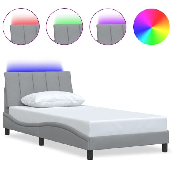 LED-valgustusega voodiraam, helehall, 100 × 200 cm, kangas — mudel 3310440