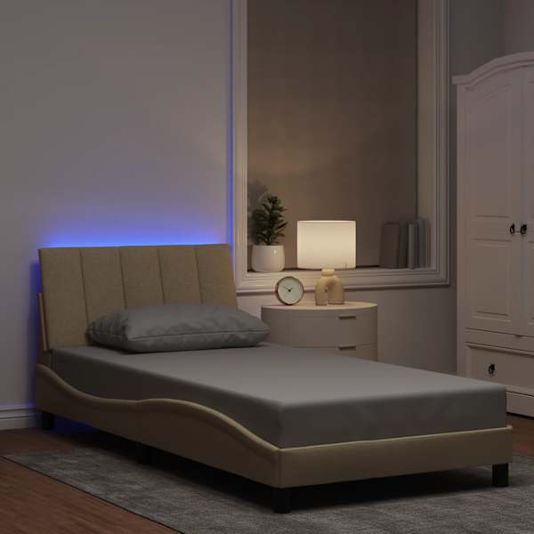 LED-valgustusega voodiraam, kreemjasvalge, 100 × 200 cm, kangas — mudel 3310445