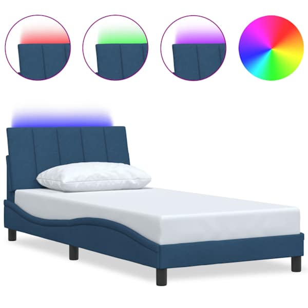 LED-valgustusega voodiraam, sinine, 100 × 200 cm, kangas — mudel 3310446