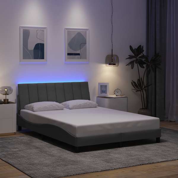 LED-valgustusega voodiraam, helehall, 120 × 200 cm, kangas — mudel 3310447