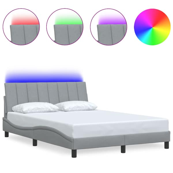LED-valgustusega voodiraam, helehall, 140 × 190 cm, kangas — mudel 3310454