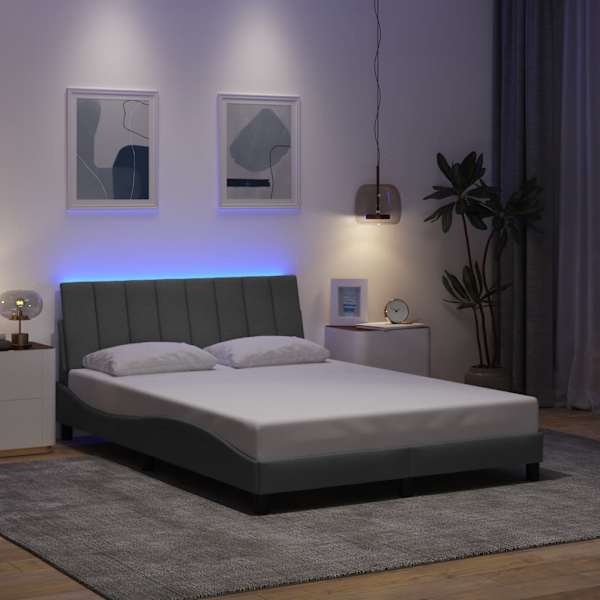 LED-valgustusega voodiraam, helehall, 140 × 190 cm, kangas — mudel 3310454