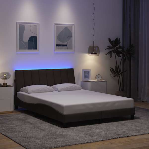LED-valgustusega voodiraam, tumepruun, 140 × 190 cm, kangas — mudel 3310457