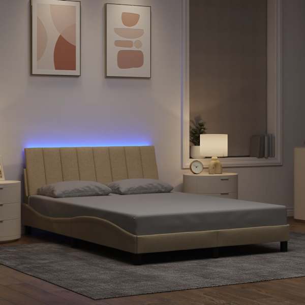LED-valgustusega voodiraam, kreemjasvalge, 140 × 190 cm, kangas — mudel 3310459
