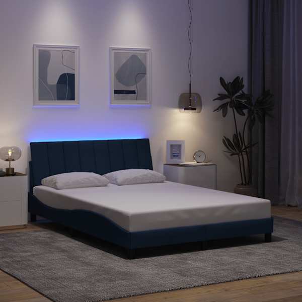 LED-valgustusega voodiraam, sinine, 140 × 190 cm, kangas — mudel 3310460