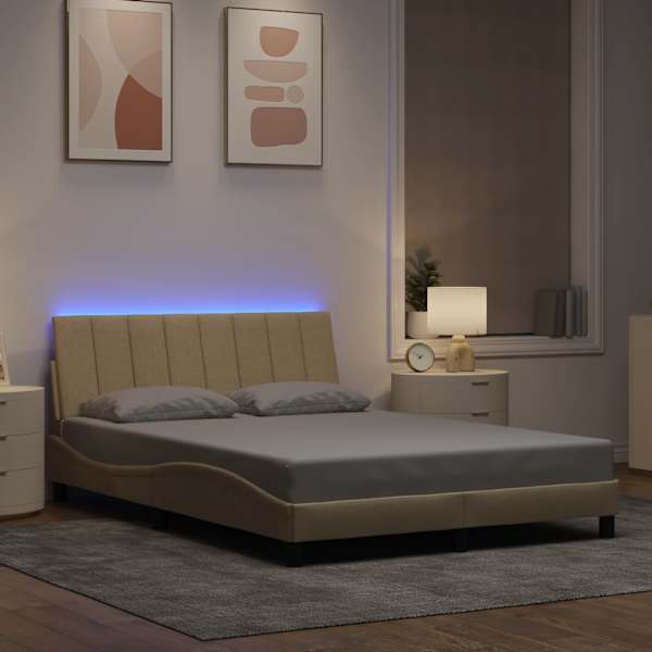 LED-valgustusega voodiraam, kreemjasvalge, 140 × 200 cm, kangas — mudel 3310466