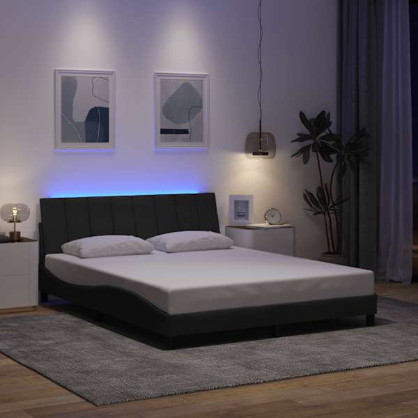LED-valgustusega voodiraam, tumehall, 160 × 200 cm, kangas — mudel 3310469