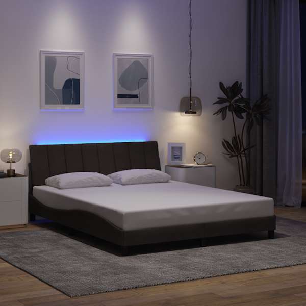 LED-valgustusega voodiraam, tumepruun, 160 × 200 cm, kangas — mudel 3310471
