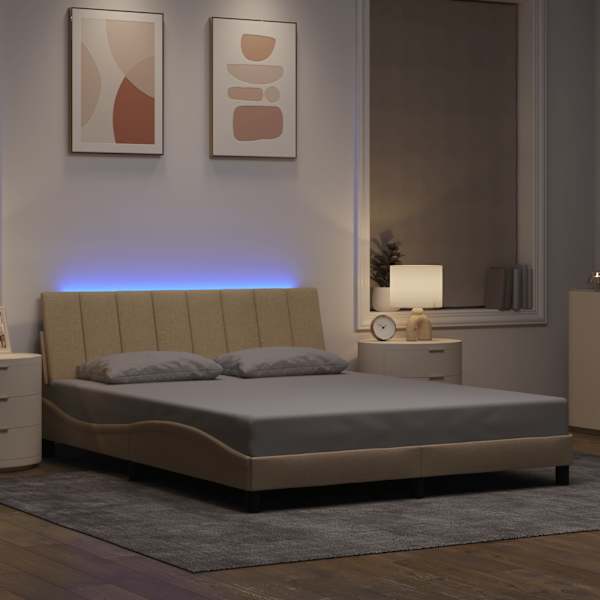 LED-valgustusega voodiraam, kreemjasvalge, 160 × 200 cm, kangas — mudel 3310473