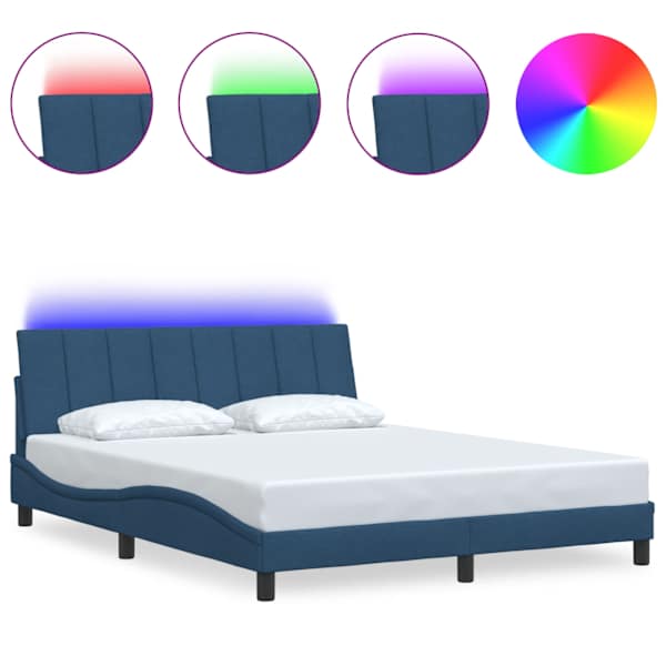 LED-valgustusega voodiraam, sinine, 160 × 200 cm, kangas — mudel 3310474