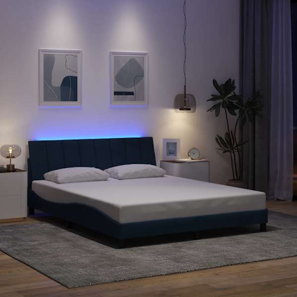 LED-valgustusega voodiraam, sinine, 160 × 200 cm, kangas — mudel 3310474