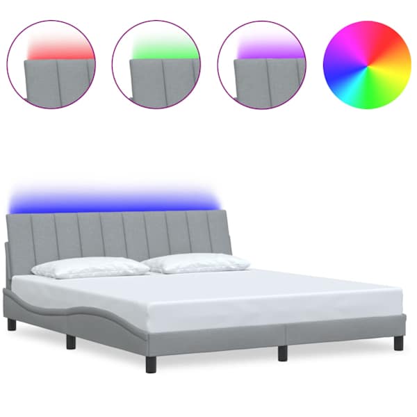 LED-valgustusega voodiraam, helehall, 180 × 200 cm, kangas — mudel 3310475