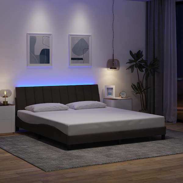 LED-valgustusega voodiraam, tumepruun, 180 × 200 cm, kangas — mudel 3310478