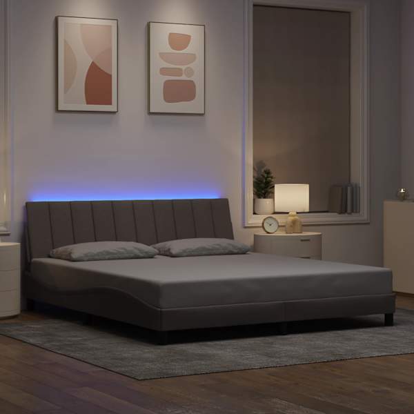 LED-valgustusega voodiraam, pruunikashall, 180 × 200 cm, kangas — mudel 3310479