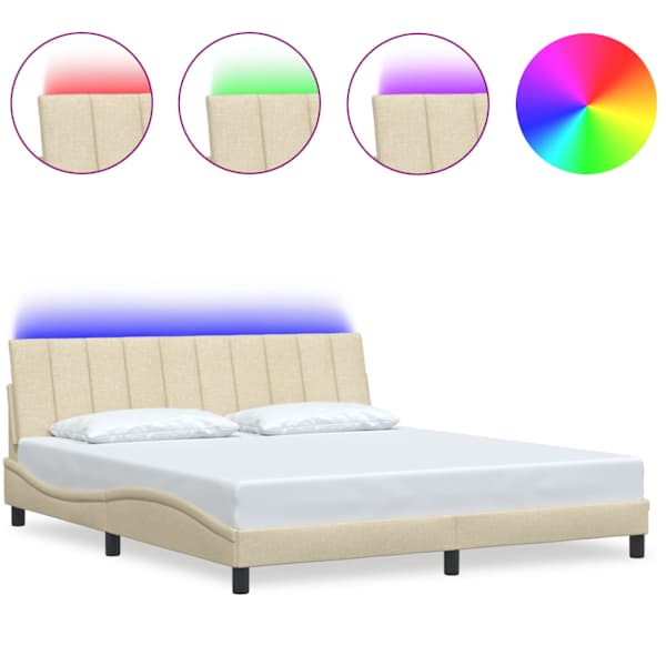 LED-valgustusega voodiraam, kreemjasvalge, 180 × 200 cm, kangas — mudel 3310480