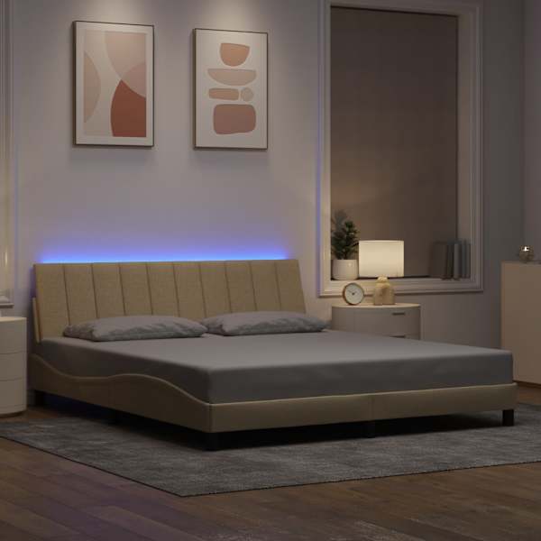 LED-valgustusega voodiraam, kreemjasvalge, 180 × 200 cm, kangas — mudel 3310480