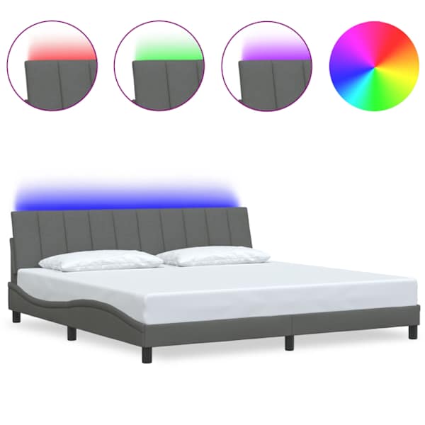 LED-valgustusega voodiraam, tumehall, 200 × 200 cm, kangas — mudel 3310483