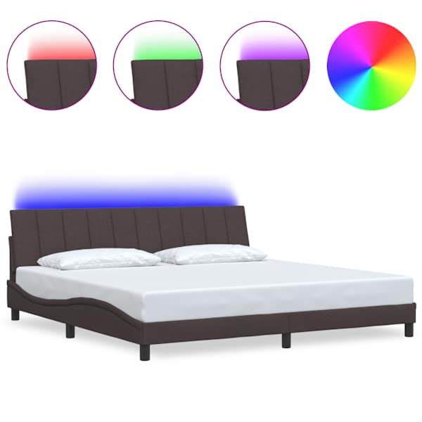 LED-valgustusega voodiraam, tumepruun, 200 × 200 cm, kangas — mudel 3310485