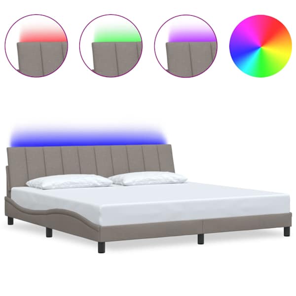 LED-valgustusega voodiraam, pruunikashall, 200 × 200 cm, kangas — mudel 3310486